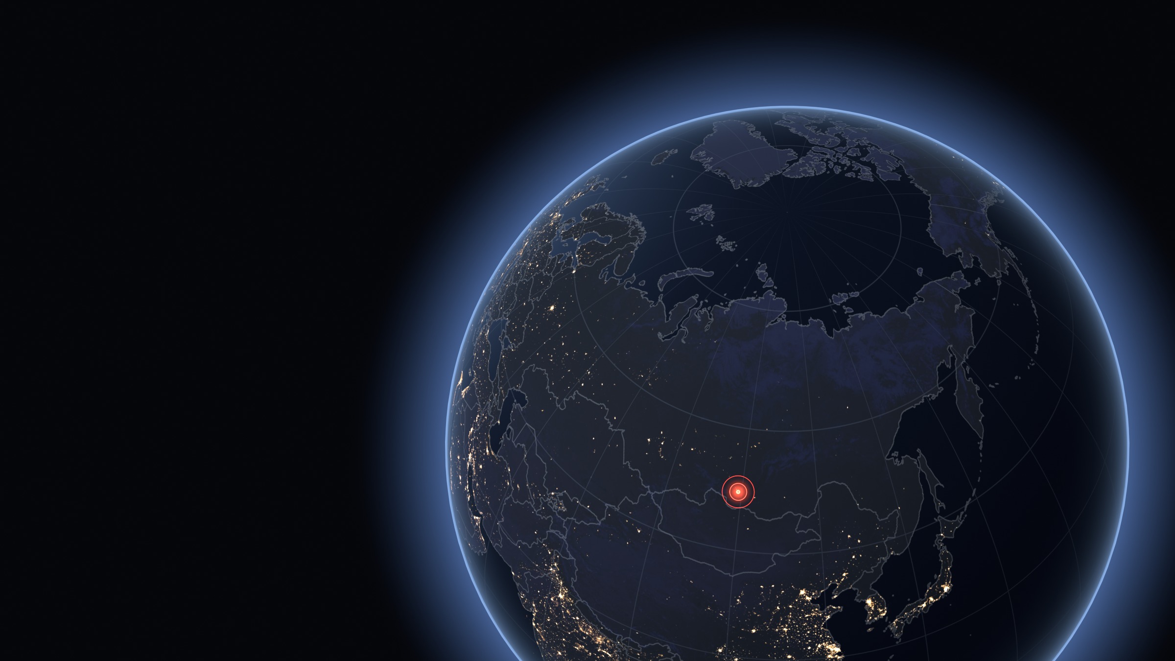 Night-time view of Earth over Europe and Asia, with Irkutsk in Siberia marked in red