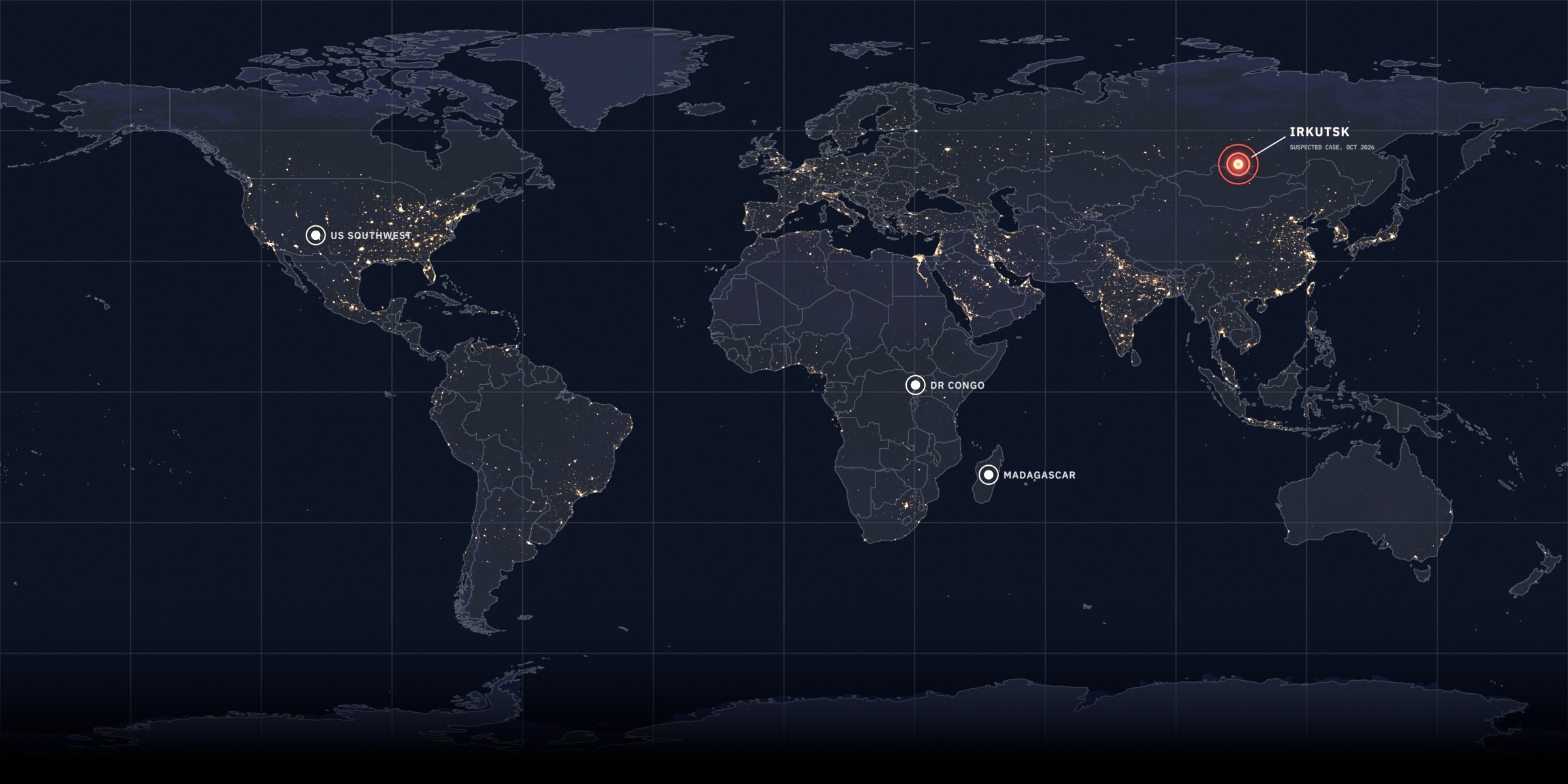 World map at night marking the US Southwest, DR Congo and Madagascar, where plague still occurs, and Irkutsk